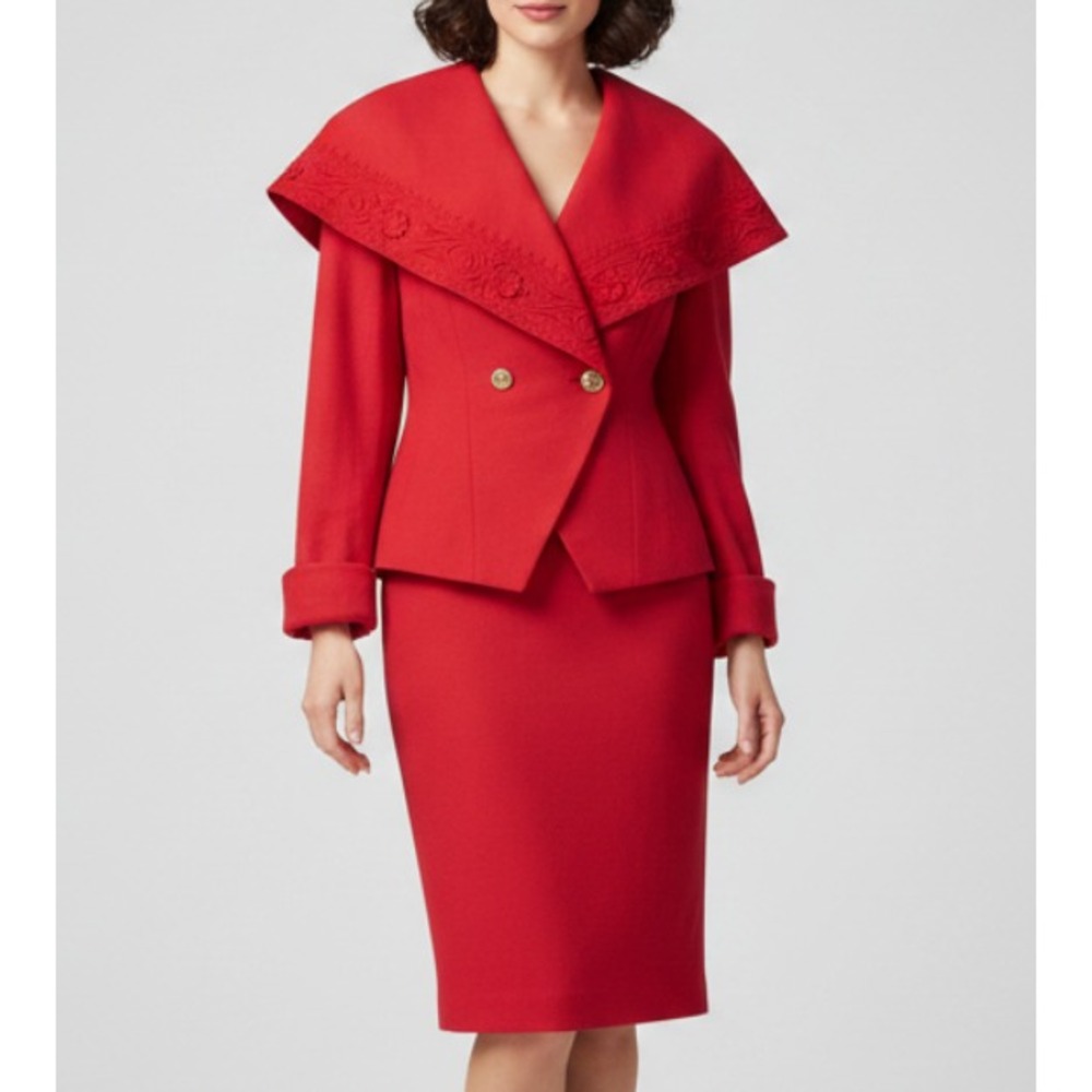 CHANCELLE Red Double Breasted LARGE EMBROIDERED COLLAR Jacket/Skirt SUIT-SET 8